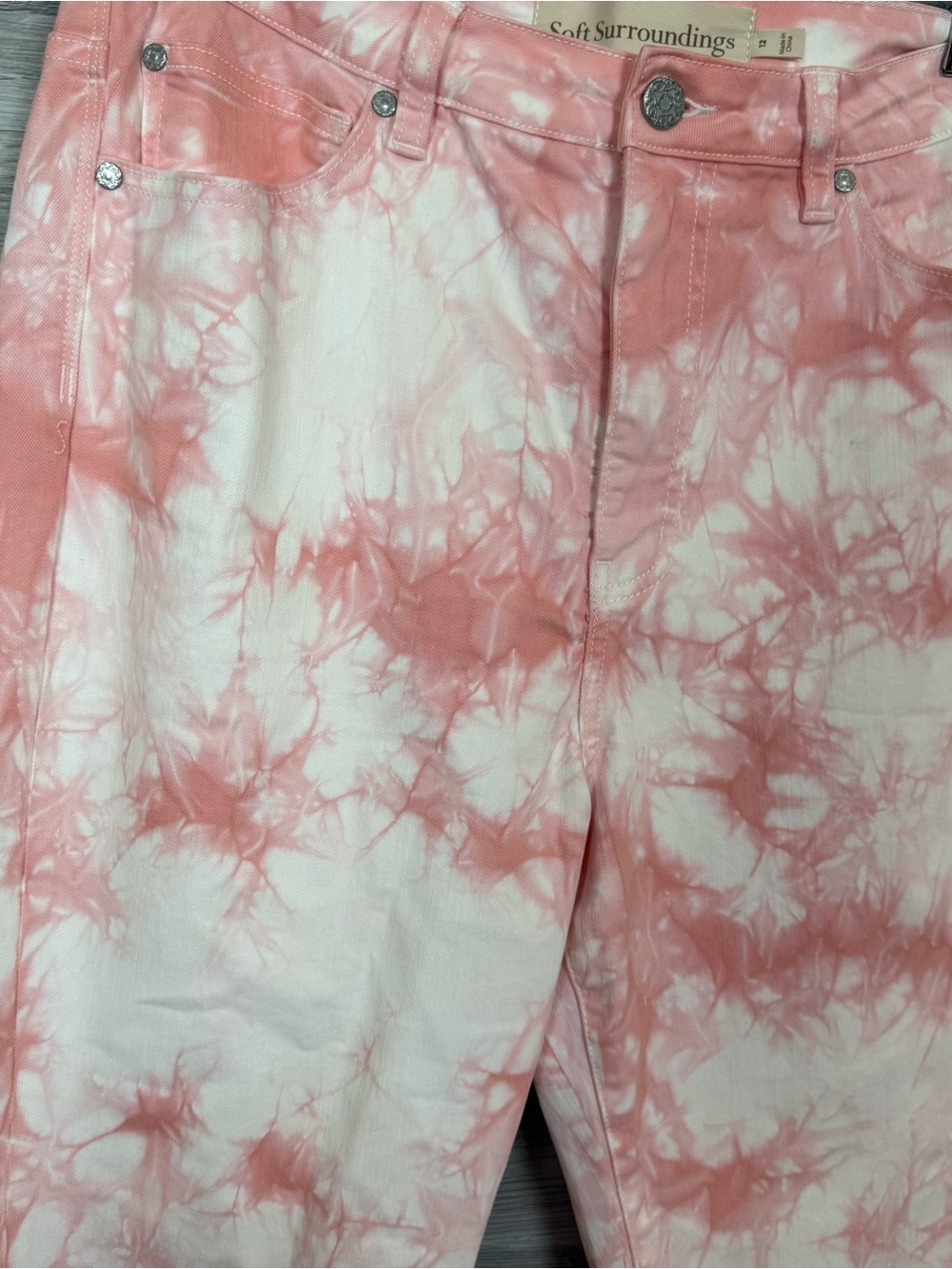 Soft Surroundings Tie Dye Ankle Jeans Pink White Size 12 Cropped Slim Stretch - Picture 5 of 7